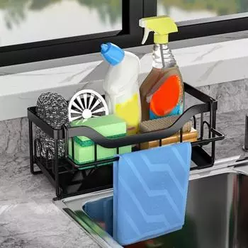 Полка для хранения Держатель для полотенец Быстрый дренаж с наклонным дренажным лотком Углеродистая сталь Кухонная сливная полка Губка для раковины