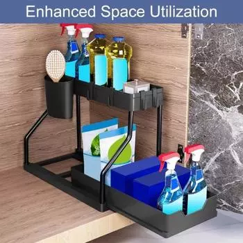 Полка для хранения под раковиной с крючками, двухслойный L-образный выдвижной органайзер большой вместимости, полка для хранения под столешницей для ванной комнаты