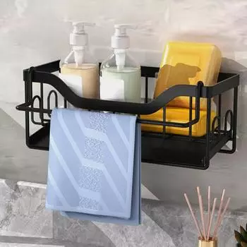 Полка для хранения раковины Держатель для полотенец Быстрый дренаж с наклонным дренажным лотком Углеродистая сталь Кухонная сливная полка Раковина Губка Блюдо Тряпка Организационная полка чёрный