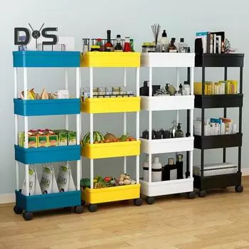 Полка для хранения с колесами на 360 градусов. Универсальная 4-ярусная передвижная тележка. Компактная съемная многоярусная полка. чёрный