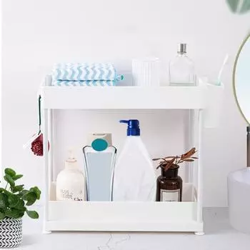 Полка для хранения в ванной комнате с крючками и карманами. Двухслойный дренажный выдвижной ящик большой емкости. Противоскользящее дно. чёрный