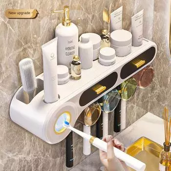 Полка для хранения зубных щеток и чашек Настенная стойка для хранения электрических зубных щеток без перфорации Чашка для полоскания Дозатор зубной пасты Настенный Three cup frame чёрный