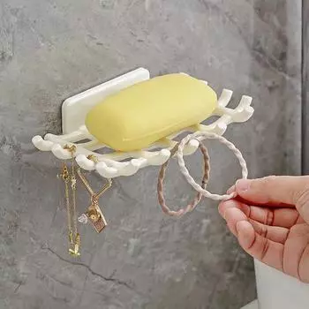 Полка для мыла с несколькими крючками, полая, быстрый дренаж, настенная, водонепроницаемая, без ударов, для ванной комнаты, мыло для ванной комнаты в отеле белый