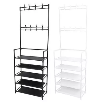 Полка для обуви с крючками 68,9 дюйма, 5 ярусов, металлическая, многофункциональная, пыленепроницаемая, просторная, орган для обуви White