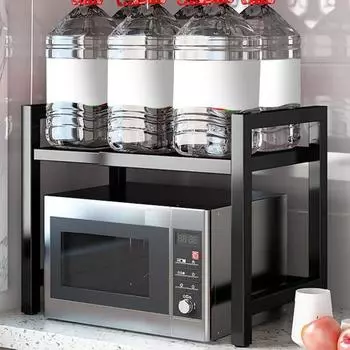 Полка для подставки для микроволновой печи. Выдвижная полка для микроволновой печи. Жаростойкая, прочная, несущая регулируемая кухонная полка с 6 крючками. чёрный