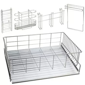 Полка для сушки над раковиной Корзина для сушки посуды Корзина для сушки посуды с поддоном для стока воды Стандартный набор Deluxe A Держатель для ножей Карман для сушки серебряный