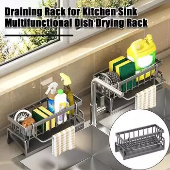 Полка для сушки посуды для кухонной раковины. Полка для слива воды с наклонным поддоном для воды. Компактная полка для посуды. Органайзер для хранения на столешнице. B чёрный