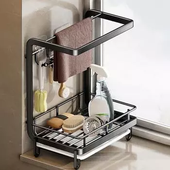 Полка для тряпок Кухонная полка Кран Посудомоечная машина Корзина для слива Принадлежности Раковина Стеллажи для губок Специальные стеллажи для хранения чёрный