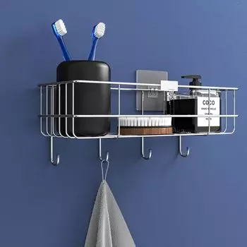 Полка для ванной из нержавеющей стали для стены | Самоклеящийся органайзер для ванной | 4 крючка для полотенцедержателя | Компактная настенная полка для ванной