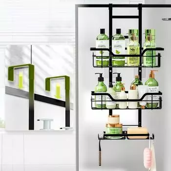 Полка для ванной комнаты без сверления, подвесной органайзер для двери, настенная корзина, многоуровневая полка для хранения в душевой комнате для туалета чёрный