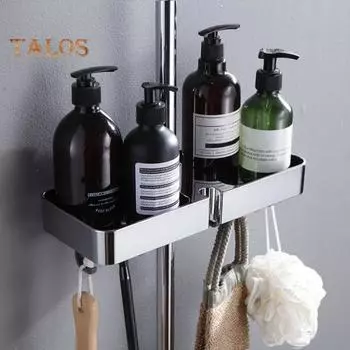Полка для ванной комнаты, душевая кабина с 8 крючками, прочная, несущая, простая в установке, настенная полка для хранения, держатель для душевой лейки серый/белый