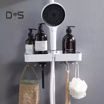 Полка для ванной комнаты, душевая кабина с 8 крючками, прочная, несущая, простая в установке, настенная полка для хранения, держатель для душевой лейки чёрный