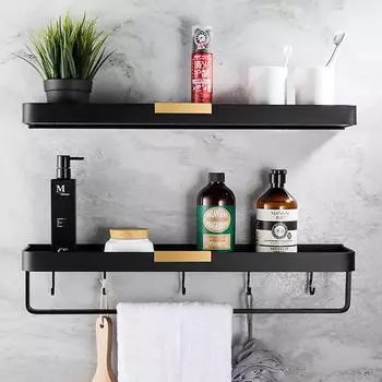 Полка для ванной комнаты из черного золота с крючками, алюминиевая кухонная полка для душа, шампуня, мыла, органайзер с держателем для полотенец, вешалка для полотенец