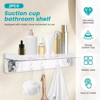 Полка для ванной на присоске, не требующая сверления, прозрачная, с 4 крючками, не требующая сверления, настенный органайзер для шампуня, кондиционера, мыла