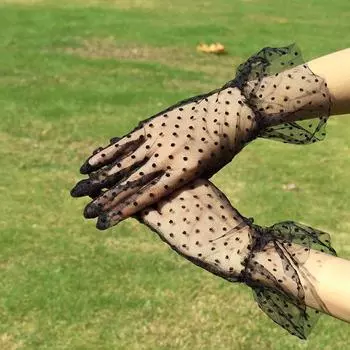 Polka Dot Lace Gloves Women Thin Mesh Breathable Retro Elegant Hepburn Style Finger Division Hollow out Black with Cheongsam Black One size