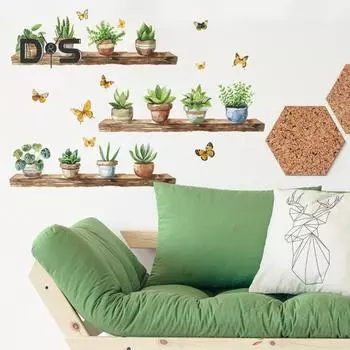Полка кактуса в горшке, настенная наклейка, съемная водонепроницаемая самоклеящаяся ПВХ, домашний офис, гостиная, детская спальня, зеленое растение, настенное художественное украшение, наклейка Sets
