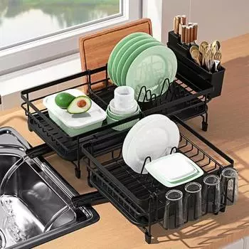Полка со сливным туннелем и держателем для разделочной доски. Выдвижная двухслойная антикоррозийная чаша. Посуда.
