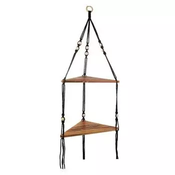 Полка в богемном стиле, хлопковая веревка ручной работы, 2 яруса, круглые бусины, деревенский домашний декор, треугольное хранилище чёрный