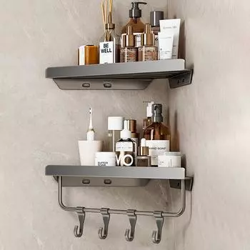 Полки для ванной комнаты из углеродистой стали, треугольная полка для душа, угловая полка для хранения шампуня, мыла, косметической корзины, держатель с крючками серый
