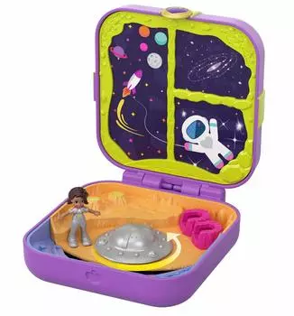 Polly Pocket Hidden Hideout Moonrocking Adventure Compact: 3 hidden hideouts, 2 stashes, 3 accessories, 1 mini Shani doll, sticker sheet