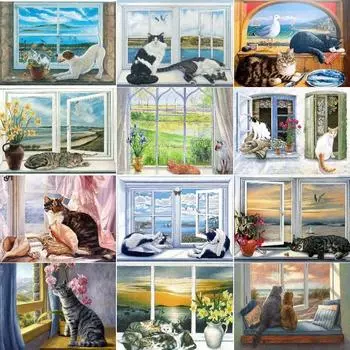 Полная 5D алмазная картина «Окно кошки» DIY Алмазная вышивка Алмазная мозаика Наборы для вышивки крестом Домашний декор Подарок Round 20x30cm