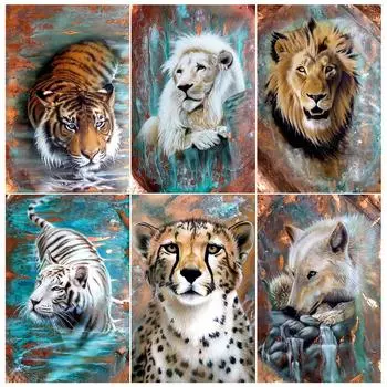 Полная алмазная живопись Лев, Тигр и Леопард, полная круглая Алмазная инкрустация 5D DIY Алмазная мозаика, украшение дома, подарок Full Round 20x30CM