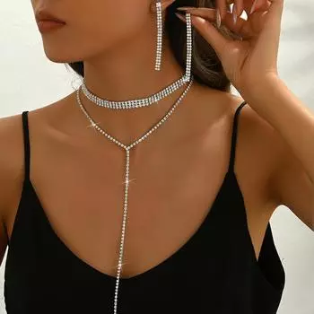 Полная бриллиантовая многослойная цепочка на шею, простое длинное ожерелье с бахромой, серьги, женские украшения