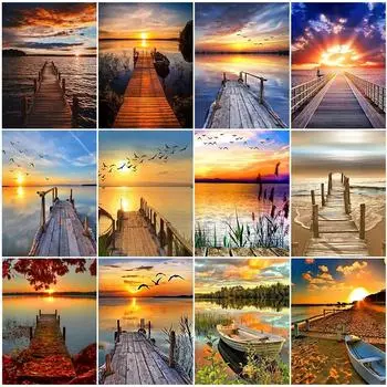 Полная дрель квадратная алмазная живопись Мост 5D DIY Алмазная вышивка Закат Мозаика Искусство Пейзаж Украшение дома Full Round 20X30CM красный