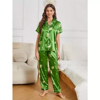 Полная коллекция атласных пижам с принтом авокадо, повседневных топов на пуговицах с короткими рукавами и пижам с эластичными брюками S зелёный
