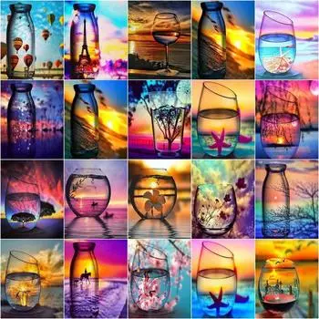 Полная круглая алмазная картина Стеклянный пейзаж 5D Вышивка Домашнее украшение Мозаика Пейзаж Подарок ручной работы Full Round 20x30CM