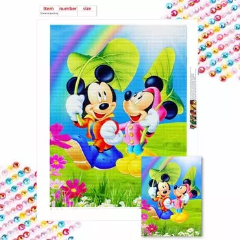 Полная круглая алмазная живопись Микки Маус под листом лотоса Искусство Стразы Картина Мозаика Сделай сам 5D Вышивка крестом Вышивка Домашнее украшение Round 20x30cm
