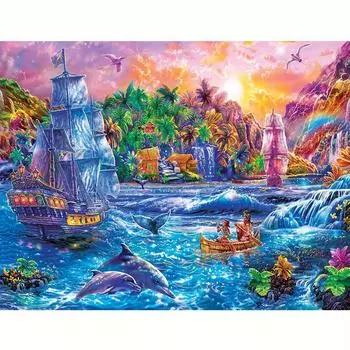 Полная круглая алмазная живопись Парусник Дельфин Пейзаж Алмазная вышивка Декорации для дома 30x40 см/12x16 дюймов 30x40cm NO Frame