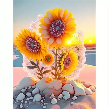 Полная круглая алмазная живопись Пейзаж Закат Подсолнух Полная круглая мозаика Персонализированный подарок Вышивка крестом Домашнее украшение 30x40 см/12x16 дюймов 30x40cm NO Frame