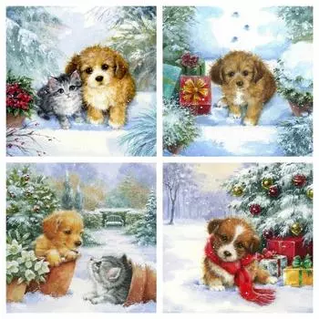 Полная круглая алмазная живопись Рождественская собака Алмазная вышивка кошка вышивка крестом животное мозаика зимний подарок ручной работы Full Round 20x20CM