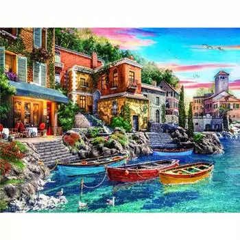 Полная круглая алмазная живопись, вышивка крестиком, пейзаж, распродажа, дом, парусная лодка, мозаичное украшение для дома 30x40 см/12x16 дюймов 30x40cm NO Frame