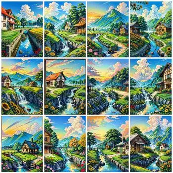 Полная квадратная алмазная картина Дом Пейзаж Стразы Картина Гора Мозаика Лес Вышивка Река Настенное искусство Full Round 20x30CM