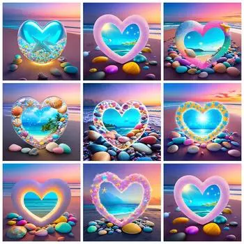 Полная квадратная алмазная мозаика Стразы на берегу моря Картина заката Вышивка Камни любви Картина Пейзаж Искусство Ручная работа Full Round 20x20CM