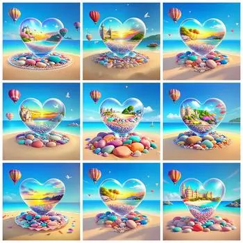 Полная квадратная алмазная мозаика Стразы на берегу моря Картина Замок Вышивка Дом Пейзаж Каменная живопись Любовь Ручная работа Full Round 20x20CM