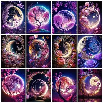 Полная квадратная круглая алмазная картина «Новая луна», цветочный декор для дома, вышивка, мозаика, фэнтези, бабочка, пейзаж, домашний декор Full Round 20x30CM