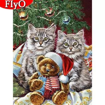 Полная квадратная круглая алмазная картина Рождественский кот Алмазная вышивка Медведь Мозаика Животное подарок ручной работы Домашний декор Full Round (20X30CM)