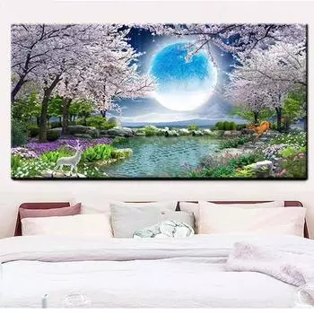 Полная квадратная круглая алмазная картина «Вишневый цвет» и пейзаж Лунного озера Алмазная вышивка Стразы Мозаика Алмазная Full Round 20x40CM