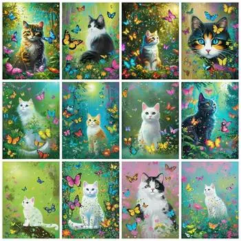 Полная квадратная круглая алмазная живопись кошка бабочка домашний декор 5D сделай сам вышивка мозаика животное настенное искусство Full Round 20x30CM