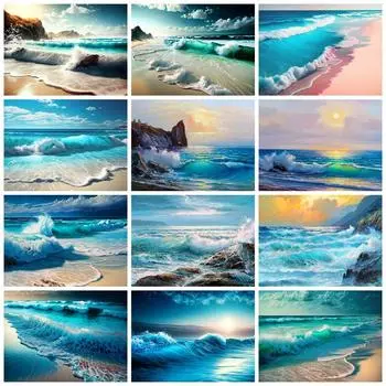 Полная квадратная круглая алмазная живопись, волна, морской пейзаж, домашний декор, вышивка, мозаика, пляжный пейзаж, подарок ручной работы Full Round 20x30CM