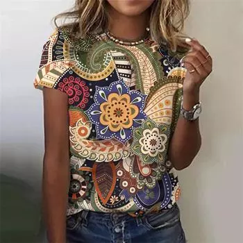 Полная печать Винтажная футболка с цветочным принтом для женщин Летние повседневные футболки с коротким рукавом Одежда Новинка в женской моде Футболка с принтом S