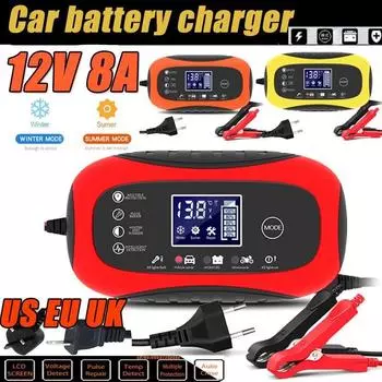 Полное зарядное устройство для автомобильного мотоцикла, 12 В, 8 А, автоматический импульсный ремонт, ЖК-дисплей, умная быстрая зарядка AGM, гелевое свинцово-кислотное зарядное устройство с глубоким циклом красный