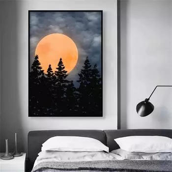 Полнолуние Ночной Пейзаж Картина Маслом Сосновый Лес Скандинавские Украшения Дома Аксессуары Настенная Живопись Небо Украшение Комнаты 21cm30cm NoFrame
