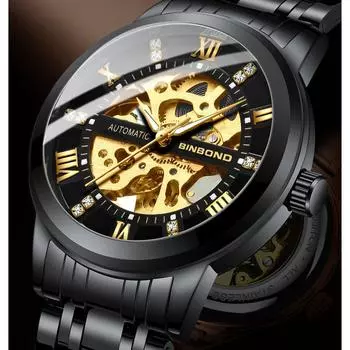 Полностью автоматические механические часы, деловые часы, 30 м, водонепроницаемые, полые, скелетонированные, турбийон, механические часы из нержавеющей стали, подарок чёрный