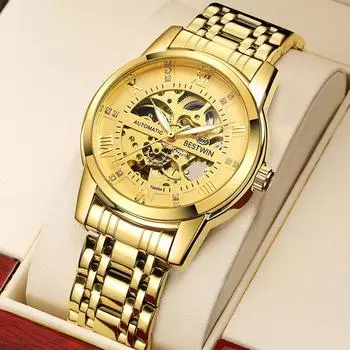 Полностью автоматические механические часы мужские полые часы стальной браслет бизнес светящиеся модные часы