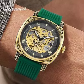 Полностью автоматические механические часы с квадратным прозрачным дном, мужские механические часы с ночной подсветкой, мужские полые часы с силиконовой лентой синий/серебряный