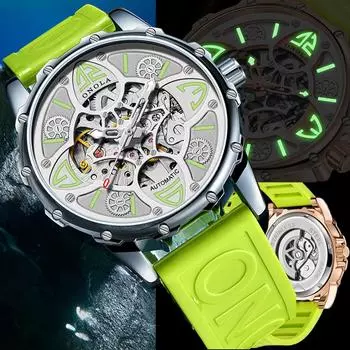 Полностью автоматические механические часы с уникальным дизайном, циферблат с четырьмя листами клевера, водонепроницаемые наручные часы с люминесцентным каучуковым ремешком золотой/белый